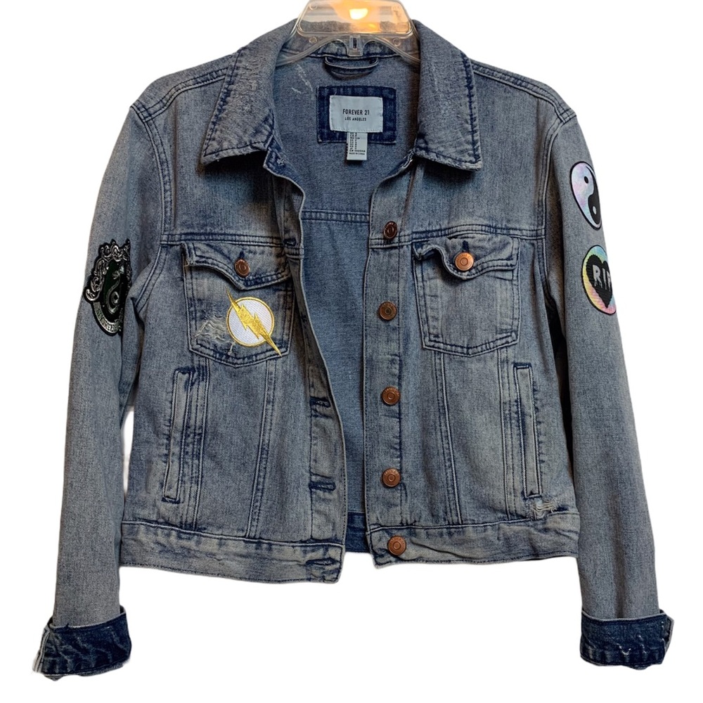 Forever 21 Denim Jacket Distressed Ripped Upcycled Patches Forever 21